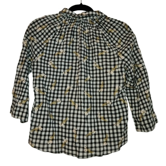 Madewell Black/White Gingham Embroidered 3/4 Sleeve Top Size XS Textured Flowers - Picture 3 of 11